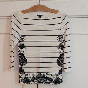 NWT Ann Taylor Black and White Striped Floral Long Sleeve Sweater Top, Sz XS